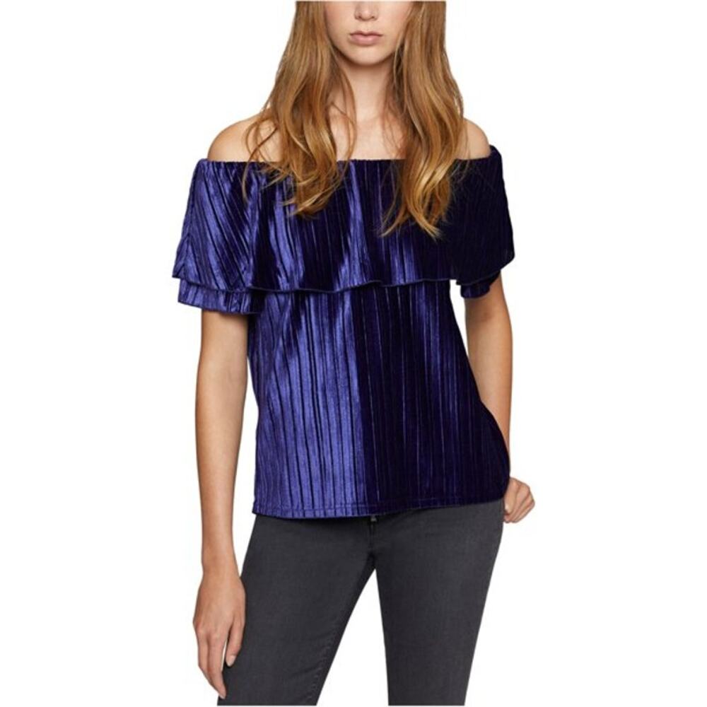 Sanctuary Celeste Blue Velvet Off Shoulder Flounce Top Blouse XS Extra Small